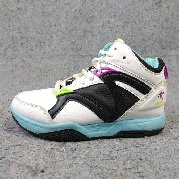 AND1 Girls Shoes Size 1Y Pre School Kids Basketball Sneakers White Black Blue - Picture 1 of 10